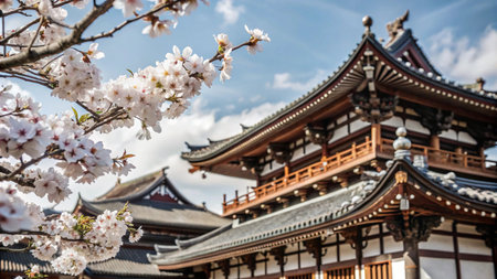 A Japanese temple with cherry blossoms in bloom against a blue sky.の素材