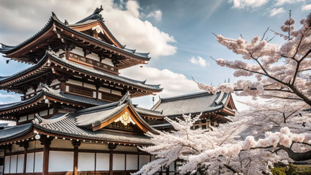 Traditional Japanese temple with cherry blossom trees in bloom against a blue sky.の素材