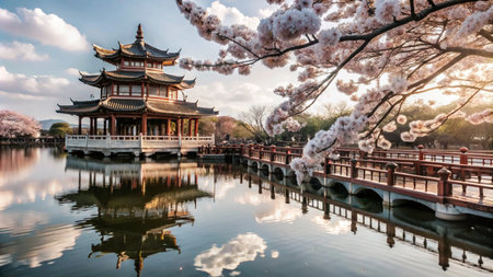 A traditional Chinese pagoda sits on a small island in a serene lake, surrounded by blossoming cherry trees and a wooden bridge.の素材