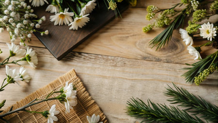 White flowers and greenery on wooden table with copy space.の素材