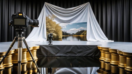 A camera on a tripod is set up in front of a stage with a scenic backdrop, ready to capture a photo shoot.の素材