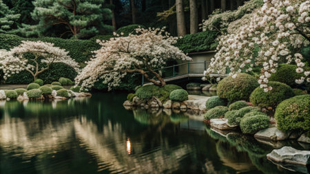 Serene Japanese garden with blooming cherry trees reflected in a pond.の素材