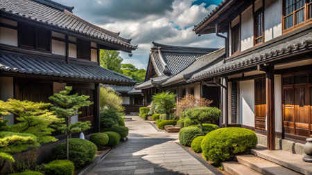 A traditional Japanese courtyard with stone paths, manicured bushes, and wooden buildings.の素材