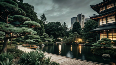 A serene Japanese garden with a wooden bridge leading to a calm pond, surrounded by lush greenery under a cloudy sky, with a modern cityscape in the background.の素材