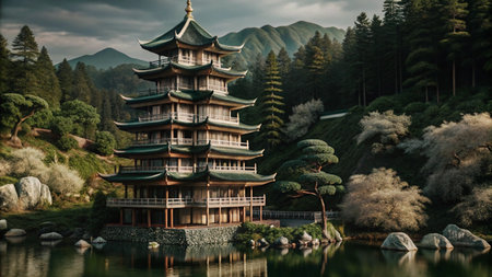 A traditional Chinese pagoda stands serene on a lake, surrounded by lush greenery and mountains.の素材