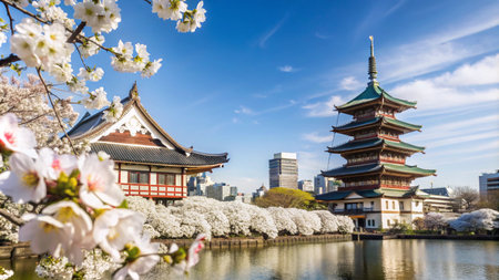 A traditional Japanese pagoda with cherry blossom trees in bloom.の素材