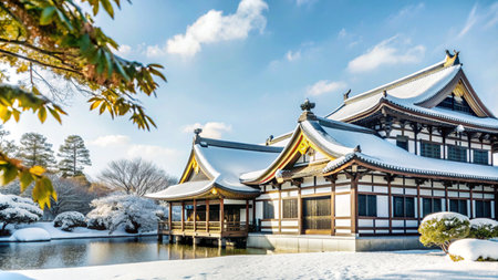 Traditional Japanese temple covered in snow with a pond in the foreground and a clear blue sky.の素材
