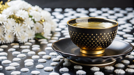 A black and gold teacup with a saucer sits on a table with white flowers and white dots.の素材