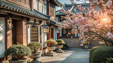 A traditional Japanese house with a cherry blossom tree in the foreground.の素材