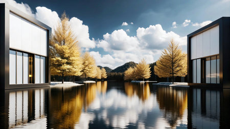 Two modern buildings with large windows reflect in a still lake with fall foliage and a mountain backdrop.の素材