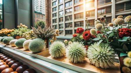 A windowsill with potted plants, flowers, and decorative spheres in front of a city view.の素材