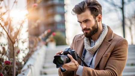 A young man with a beard, wearing a brown coat, looks intently at his camera while standing on the steps of a building.の素材