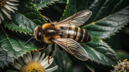A close-up of a honey bee perched on a green leaf, with white flowers in the background.の素材