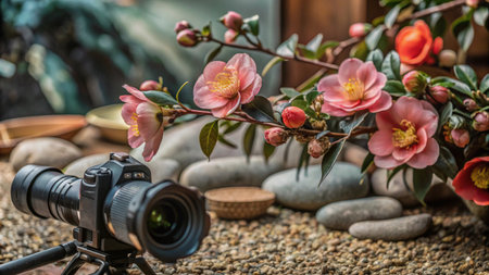 A camera lens focuses on a blooming pink flower with a blurred background.の素材