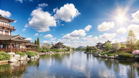 Traditional Chinese architecture with a pond and mountains in the background.の素材