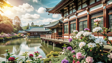 Traditional Japanese temple with a pond and blooming flowers in the foreground.の素材