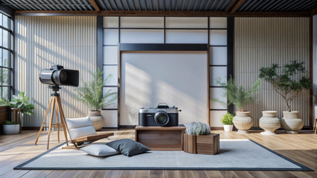 A minimalist Japanese-style living room interior with a camera and a tripod on a rug.の素材