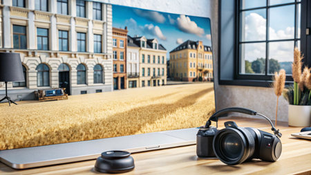 A camera sits on a desk in front of a laptop displaying a picture of a city.の素材