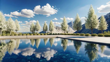 A serene reflecting pool with a mountain backdrop and a row of trees.の素材