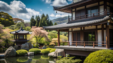 Traditional Japanese architecture with a pond and lush greenery.の素材