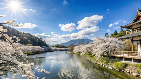 A serene view of Mount Fuji with cherry blossoms in full bloom along a calm river.の素材