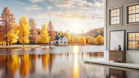 A serene lake view with a modern house in the background at sunset.の素材