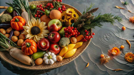 A woven basket overflowing with autumn harvest bounty, including apples, pumpkins, eggs, garlic, sunflowers, and berries, with a few fallen leaves scattered around.の素材
