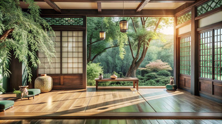 A traditional Japanese room with tatami mats, sliding doors, and a view of a lush garden.の素材