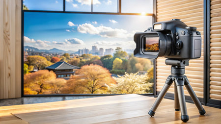 A digital camera on a tripod captures a cityscape through a window.の素材