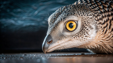 Close-up of a bird of prey with a sharp beak and bright yellow eyes, looking intently at something off-camera.の素材