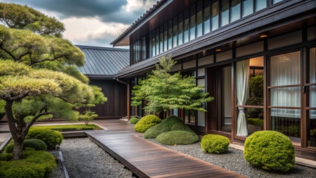 Modern Japanese house with a traditional garden and wooden deck.の素材
