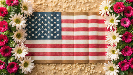 An American flag surrounded by white and pink flowers on a beige background.の素材