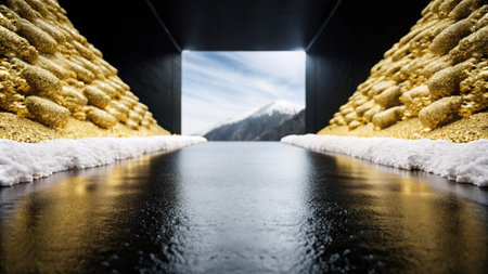 A minimalist doorway with a view of a snow-capped mountain peak through a reflective surface.の素材