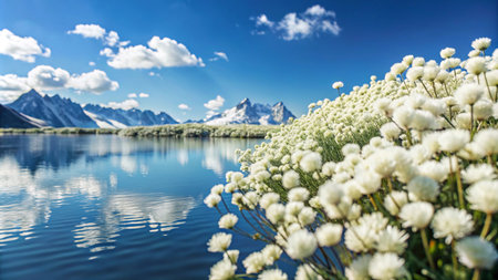 A serene mountain lake with a field of white wildflowers in the foreground.の素材