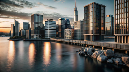 A modern cityscape at sunrise with reflections in the water.の素材