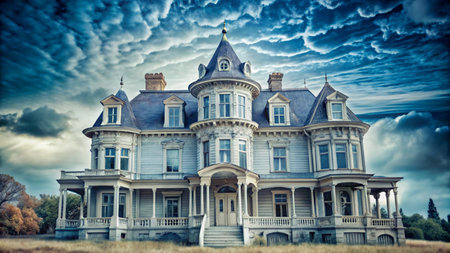 An old Victorian mansion stands with a dramatic sky above.の素材