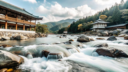 A tranquil scene of a flowing river with traditional Japanese architecture in the background, surrounded by lush green mountains.の素材