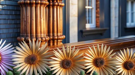 Closeup of  yellow and pink flowers in front of a wooden building.の素材
