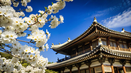 A traditional Chinese temple with white blossoms against a blue sky.の素材