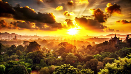 A stunning sunset over a city, with the sun shining through the clouds. The city is surrounded by trees and mountains.の素材