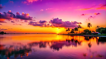 Vibrant sunset over a calm lake with palm trees silhouetted against the sky.の素材