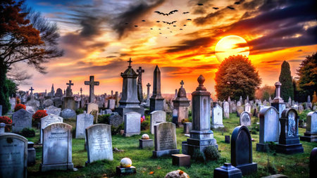 A cemetery at sunset with a full moon and bats flying overhead.の素材