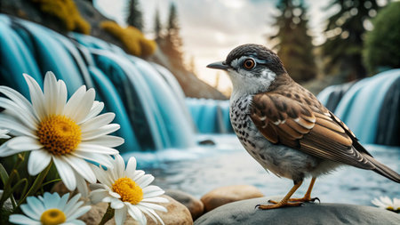 A small bird perched on a rock near a waterfall, with white daisies in the foreground.の素材