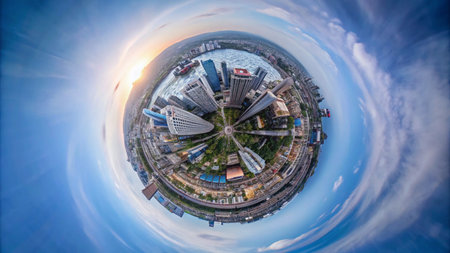 An aerial view of a city transformed into a sphere with the sunset in the background.の素材