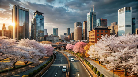 A scenic view of a city skyline with cherry blossom trees lining a road in the foreground.の素材