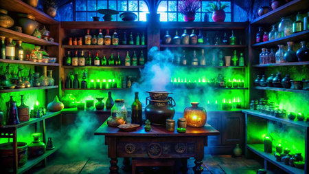 Mystical potion brewing room with shelves of glass bottles, a cauldron with smoke, and a table with ingredients.の素材