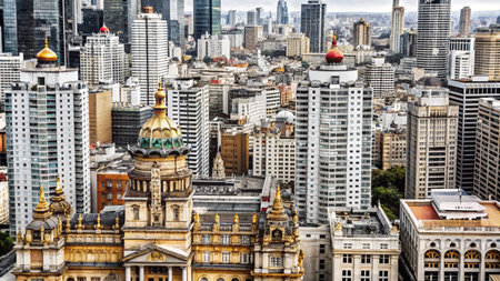 Aerial view of a city skyline with modern skyscrapers and a historic building in the foreground.の素材