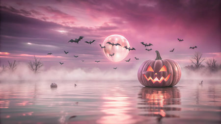 A glowing jack-o-lantern sits in a foggy lake with bats flying around a full moon in a pink sky.の素材