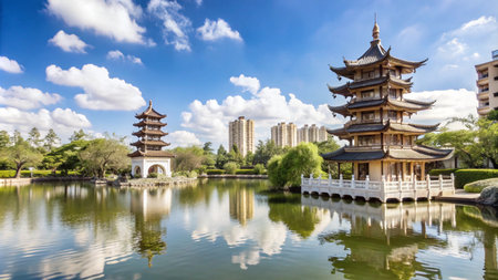 Two traditional Chinese pagodas with curved roofs reflected in a calm lake.の素材