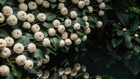 Close-up of white pom-pom flowers with green leaves, a beautiful floral texture.の素材